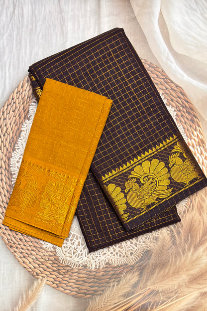 Sungudi Cotton Zari Checks | Coffee Brown With Mustard | SC32