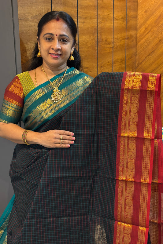 Meenakshi -Kanchi Cotton | Korvai Checks GJ- Dark Navy  | MCK82