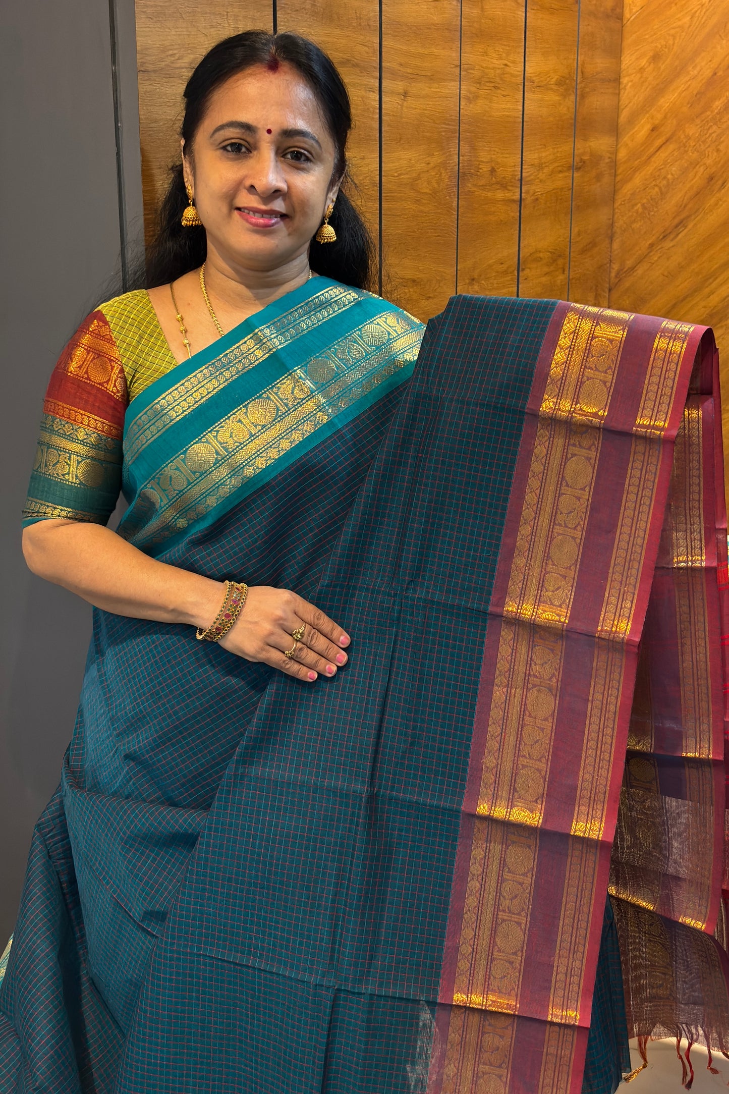 Meenakshi -Kanchi Cotton | Korvai Checks GJ- Peacock Blue | MCK84