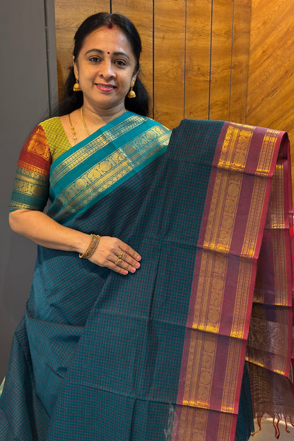 Meenakshi -Kanchi Cotton | Korvai Checks GJ- Peacock Blue | MCK84