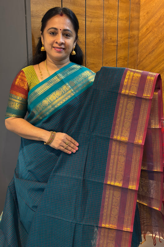 Meenakshi -Kanchi Cotton | Korvai Checks GJ- Peacock Blue | MCK84