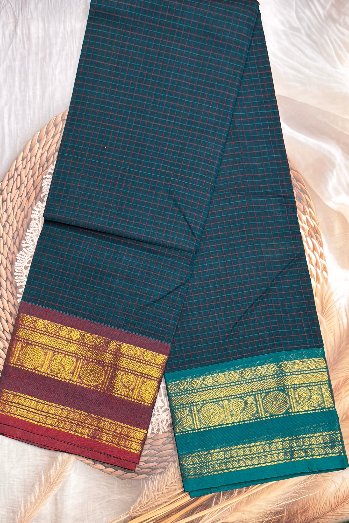 Meenakshi -Kanchi Cotton | Korvai Checks GJ- Peacock Blue | MCK84