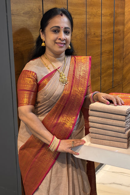 Meenakshi -Premium Kanchi Cotton Saree - Cream   With Rose | MCK87