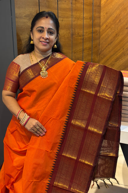 Meenakshi -Kanchi Cotton | Orange with Maroon | MCK36