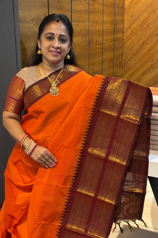 Meenakshi -Kanchi Cotton | Orange with Maroon | MCK36