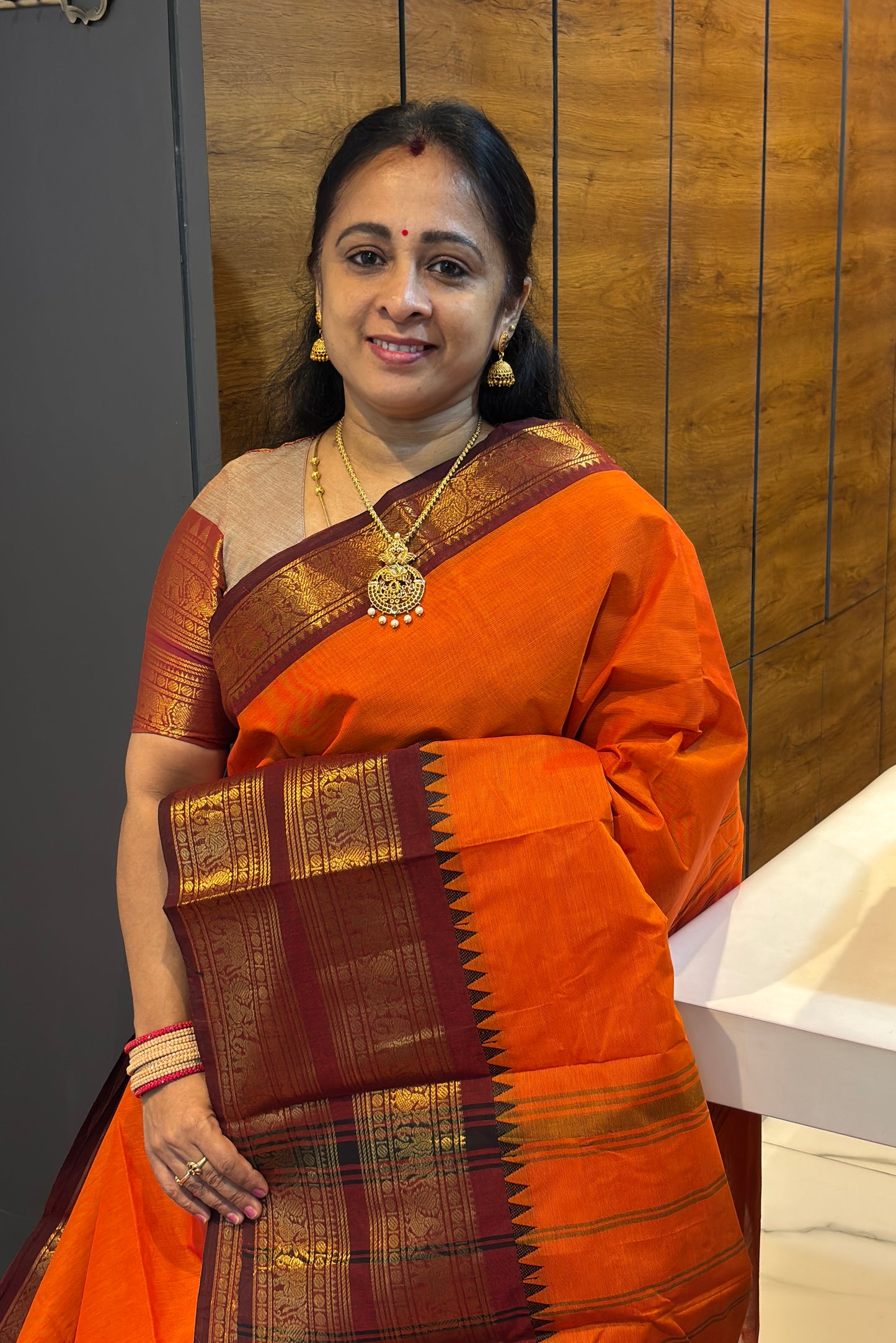 Meenakshi -Kanchi Cotton | Orange with Maroon | MCK36