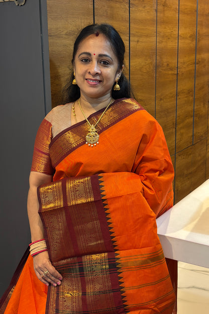 Meenakshi -Kanchi Cotton | Orange with Maroon | MCK36