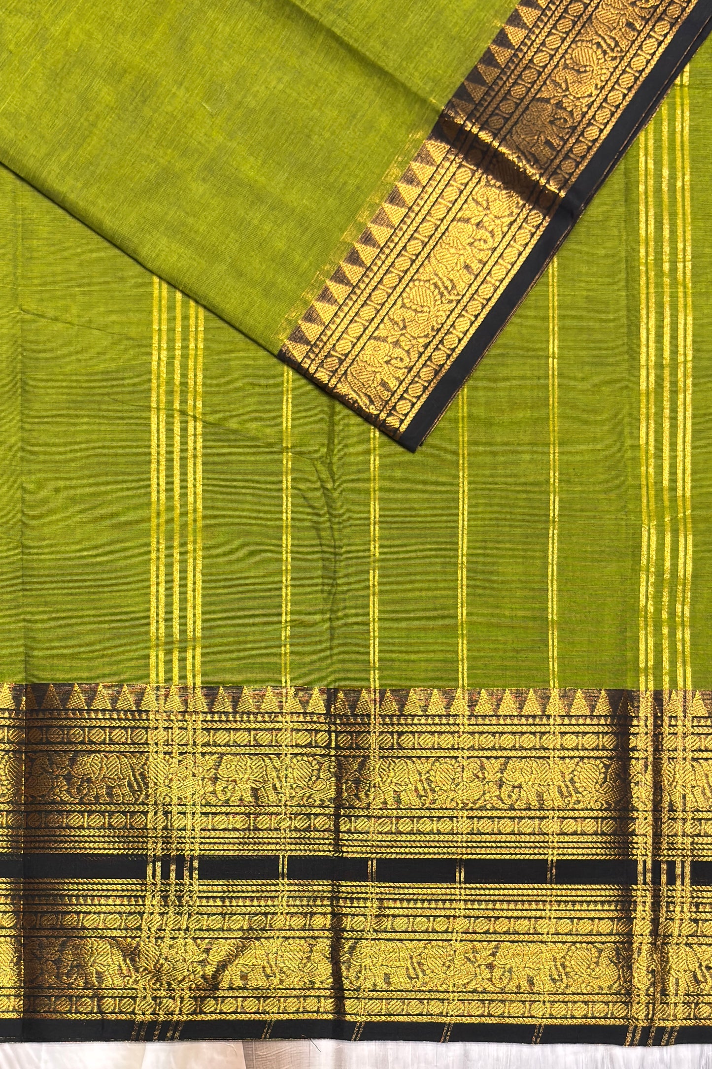 Meenakshi -Premium Kanchi Cotton Saree–Mehendi Green  With Black  | MCK86