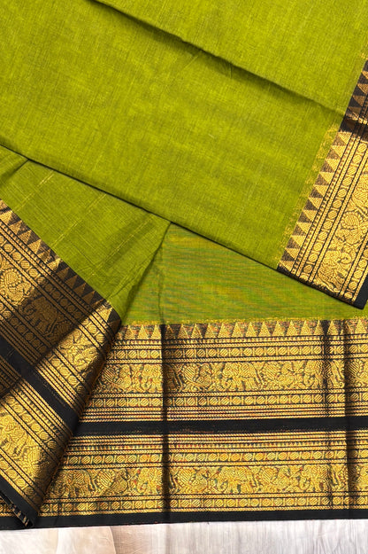 Meenakshi -Premium Kanchi Cotton Saree–Mehendi Green  With Black  | MCK86