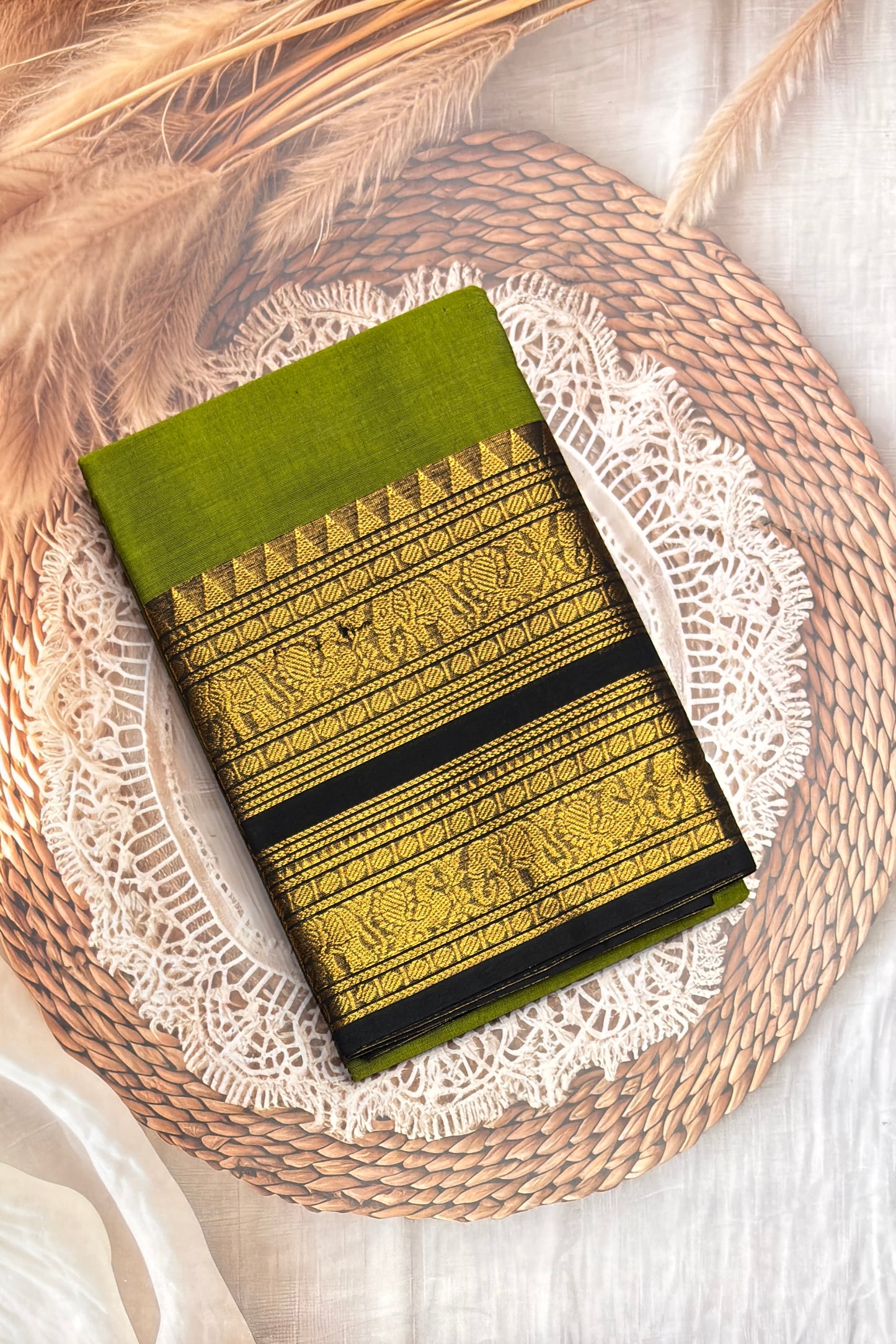 Meenakshi -Premium Kanchi Cotton Saree–Mehendi Green  With Black  | MCK86