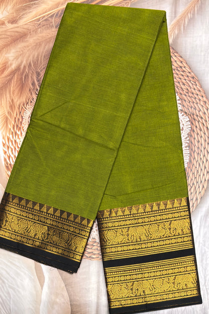 Meenakshi -Premium Kanchi Cotton Saree–Mehendi Green  With Black  | MCK86