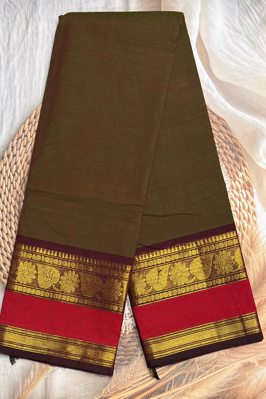 Meenakshi -Chettinad  Cotton | Meh Green Two Tone with Maroon and Red Retta Pet Border | MCK29