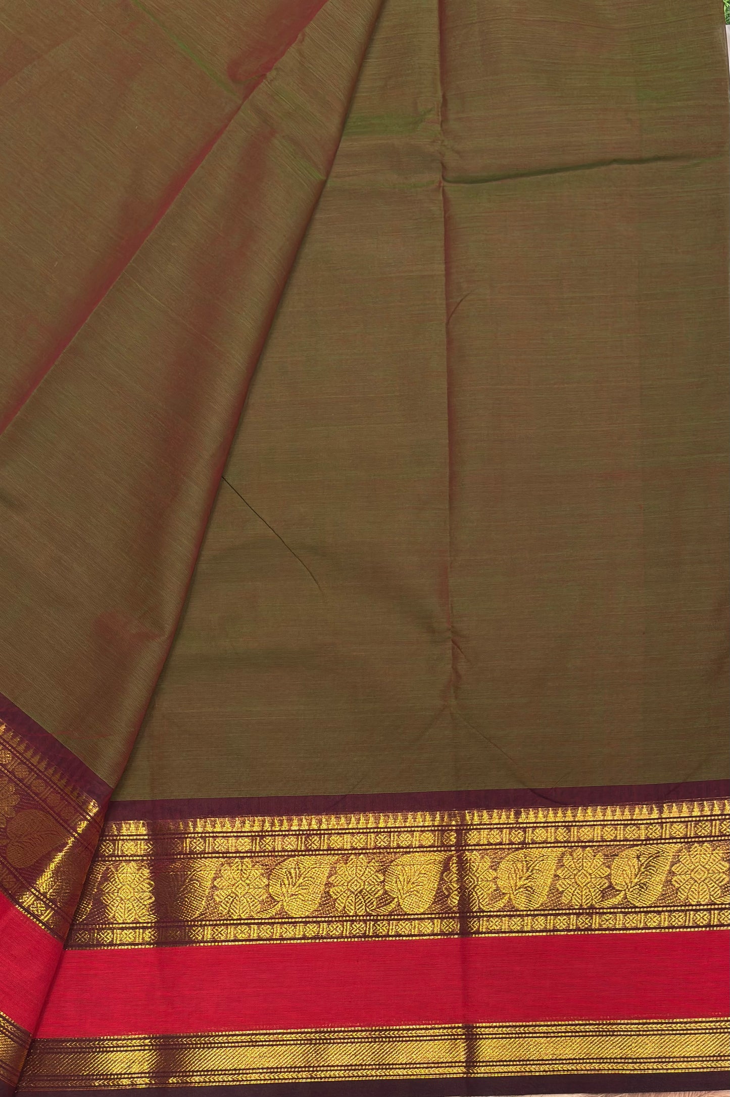 Meenakshi -Chettinad  Cotton | Meh Green Two Tone with Maroon and Red Retta Pet Border | MCK29