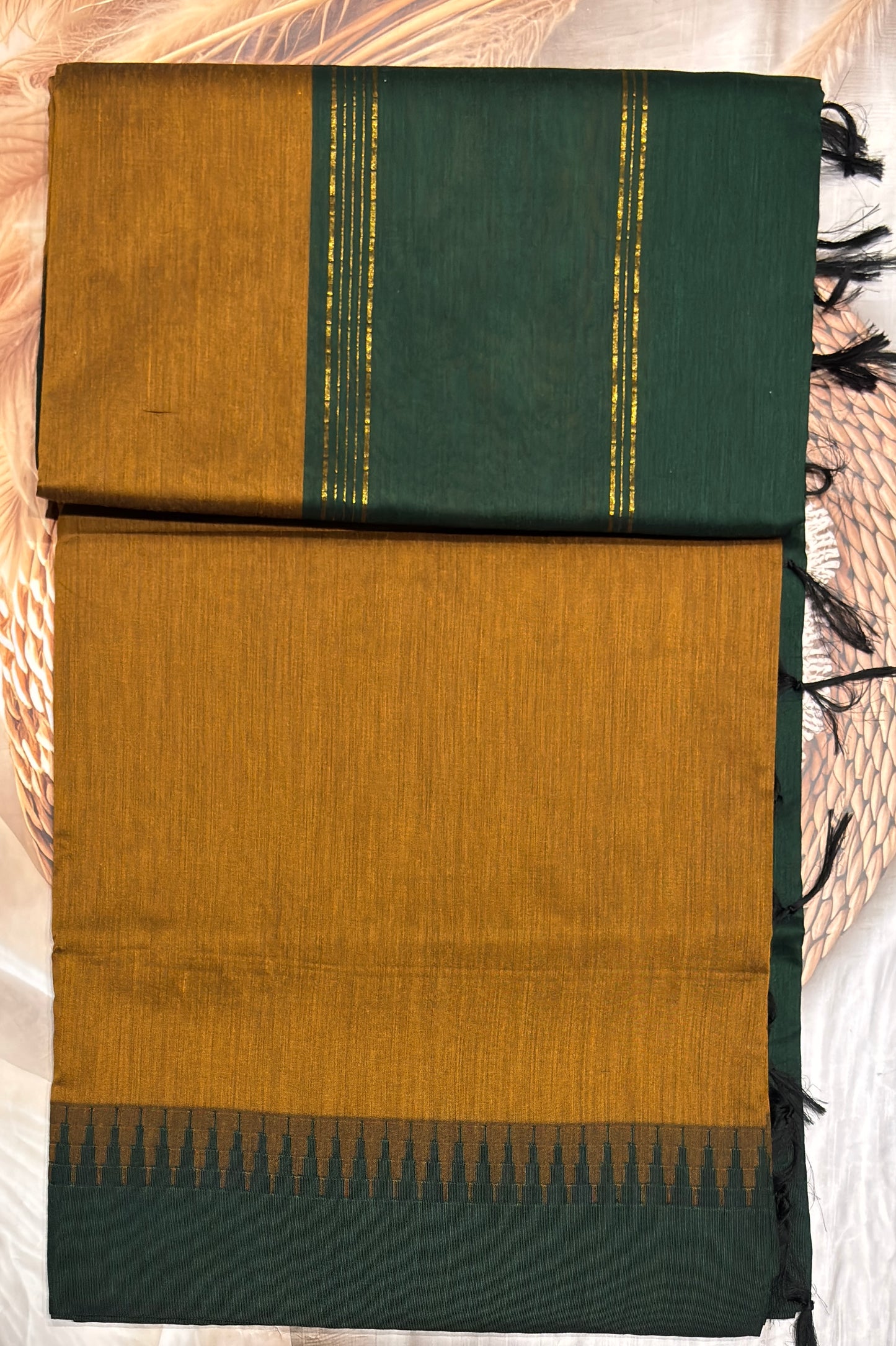 New Gen Kalyani Cotton Tower Border| Mustard With Green | KCSM15