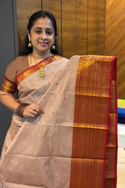 Meenakshi -Premium Kanchi Cotton Saree–Cream with Red|MCK90