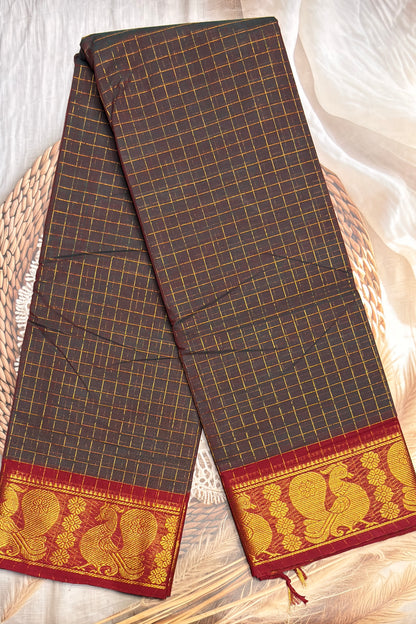 Meenakshi Premium Chettinad Cotton Saree – Zari Checks | Grey Dual Tone with Maroon| MCK96