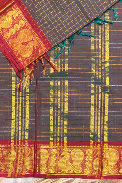 Meenakshi Premium Chettinad Cotton Saree – Zari Checks | Grey Dual Tone with Maroon| MCK96