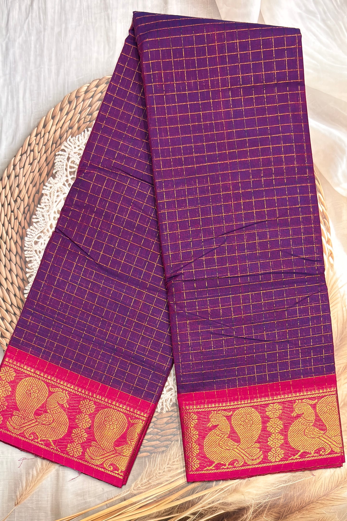 Meenakshi Premium Chettinad Cotton Saree – Zari Checks | Violet With Rose| MCK95