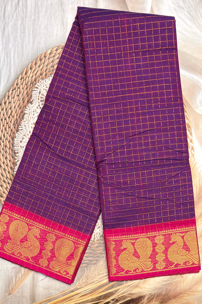 Meenakshi Premium Chettinad Cotton Saree – Zari Checks | Violet With Rose| MCK95