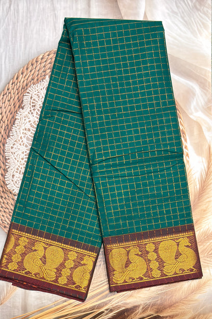 Meenakshi Premium Chettinad Cotton Saree – Zari Checks | Rama Green With Maroon| MCK98