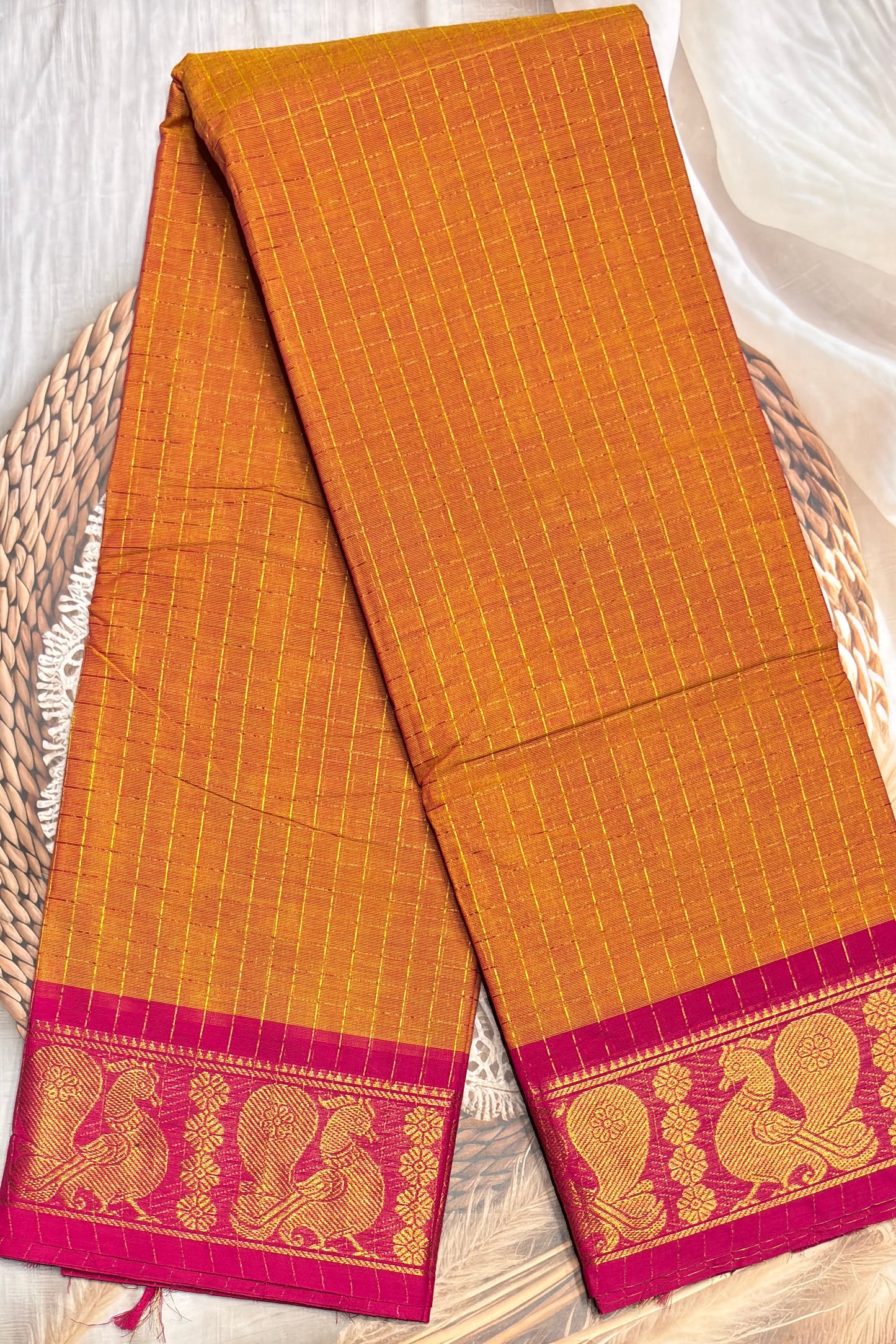 Meenakshi Premium Chettinad Cotton Saree – Zari Checks | Mango Yellow with Rose| MCK97