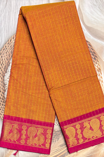 Meenakshi Premium Chettinad Cotton Saree – Zari Checks | Mango Yellow with Rose| MCK97