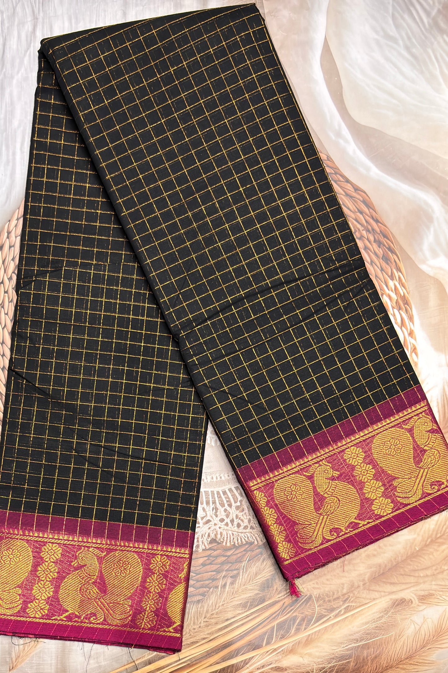 Meenakshi Premium Chettinad Cotton Saree – Zari Checks | Black With Majenta | MCK93