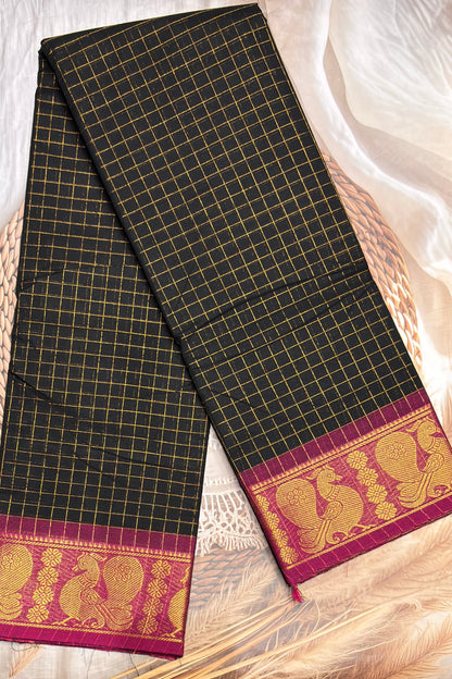 Meenakshi Premium Chettinad Cotton Saree – Zari Checks | Black With Majenta | MCK93