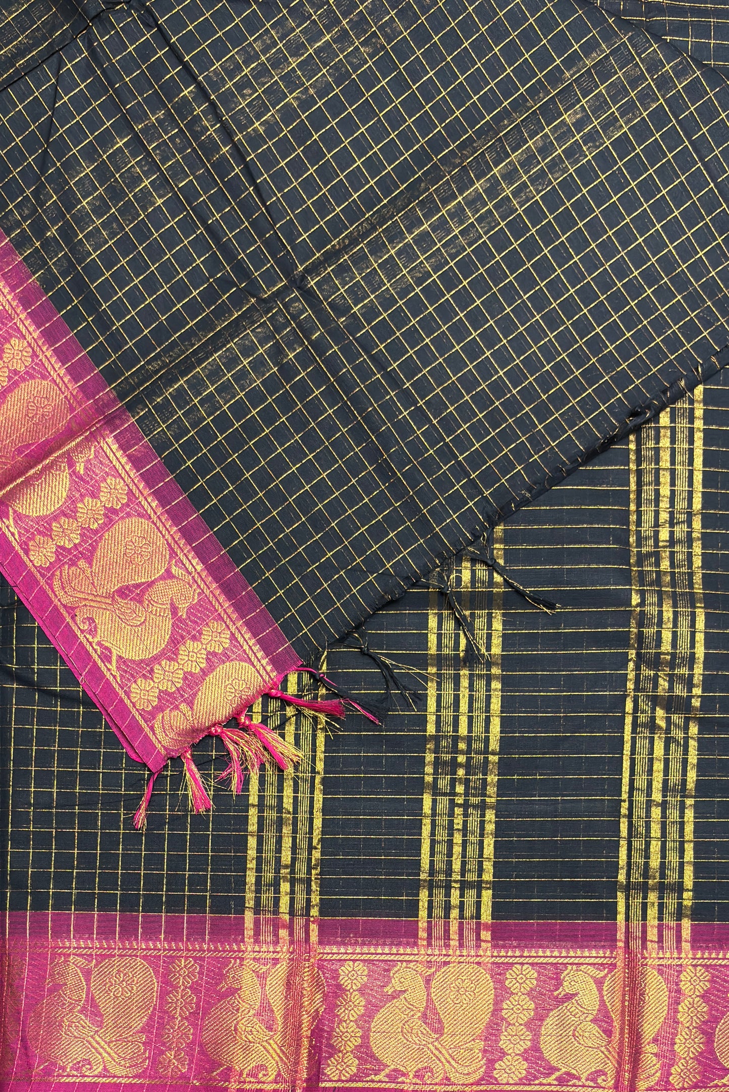 Meenakshi Premium Chettinad Cotton Saree – Zari Checks | Black With Majenta | MCK93