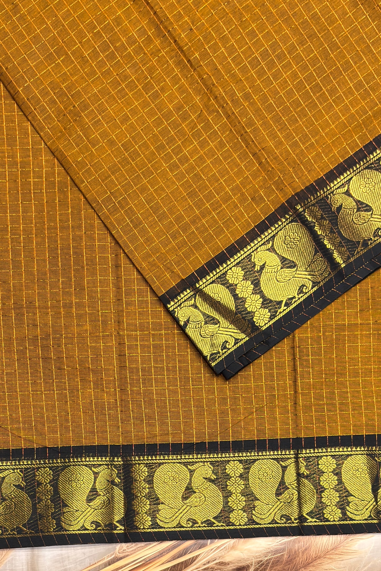 Meenakshi Premium Chettinad Cotton Saree – Zari Checks | Mustard With Black | MCK94