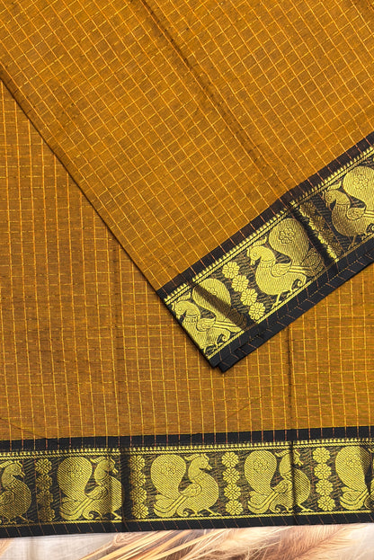 Meenakshi Premium Chettinad Cotton Saree – Zari Checks | Mustard With Black | MCK94