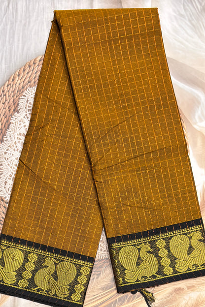 Meenakshi Premium Chettinad Cotton Saree – Zari Checks | Mustard With Black | MCK94