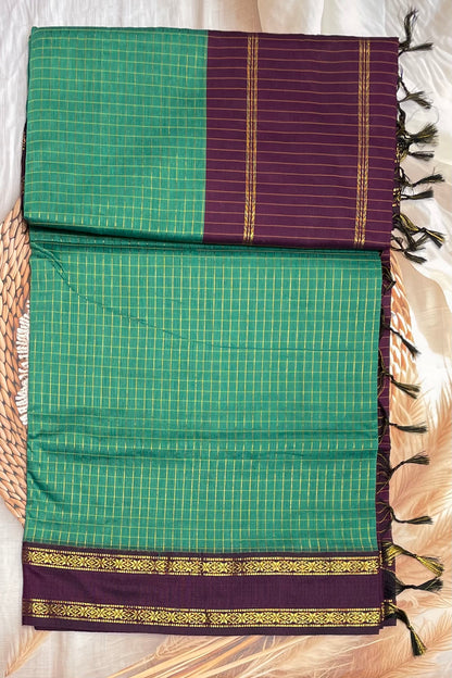 Kalyani Cotton Checks Retta Petta |Rama Green With Purple |KCRP09