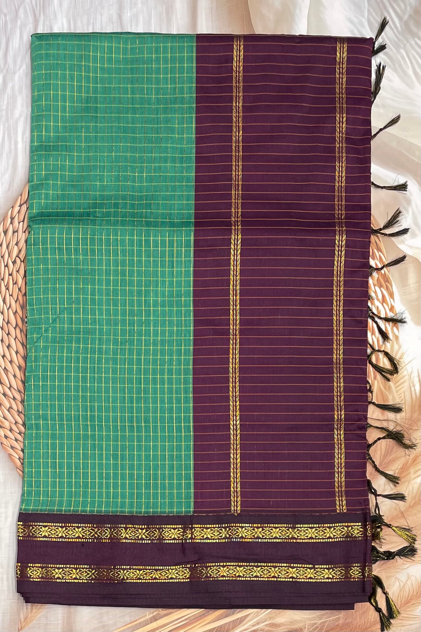 Kalyani Cotton Checks Retta Petta |Rama Green With Purple |KCRP09
