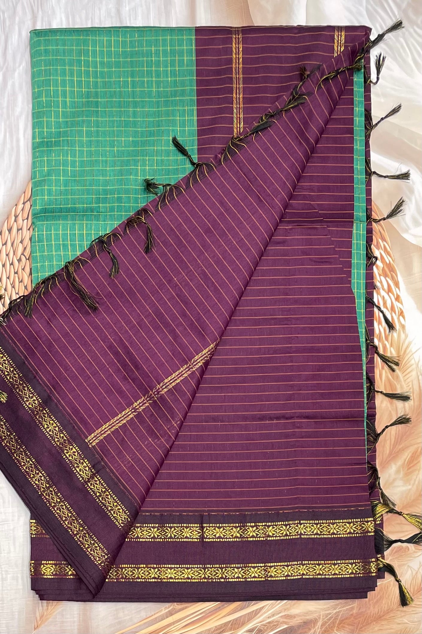 Kalyani Cotton Checks Retta Petta |Rama Green With Purple |KCRP09