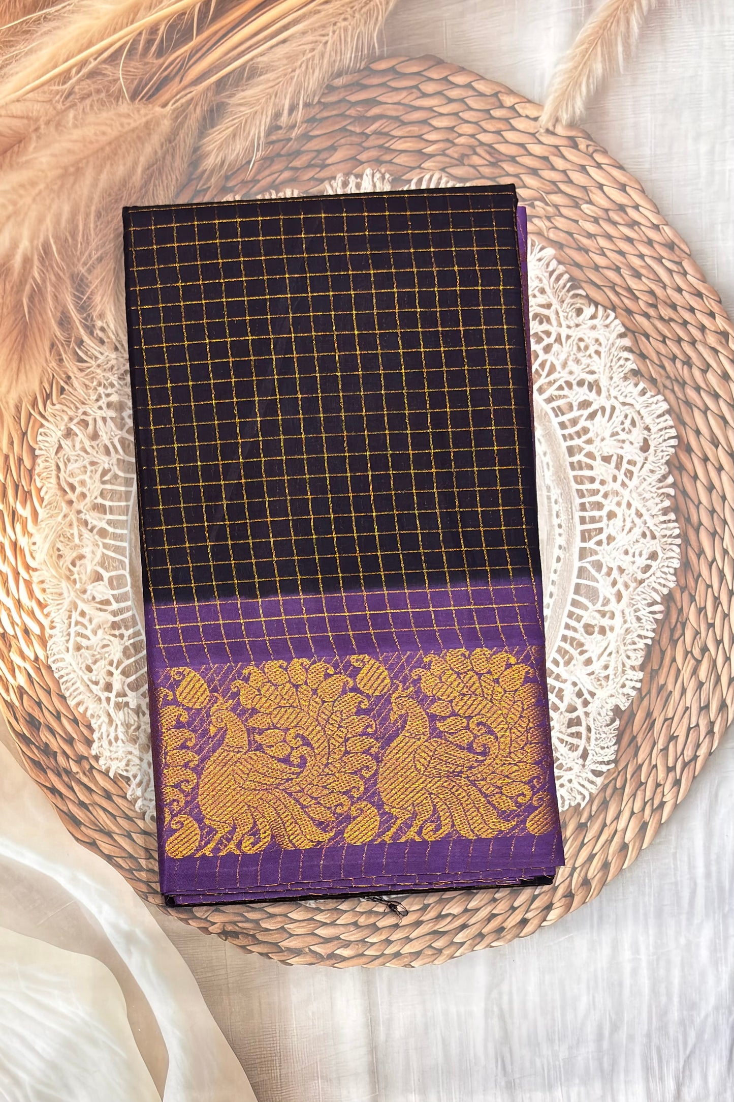 Sungudi Cotton Zari Checks | Navy Lavender | SC01