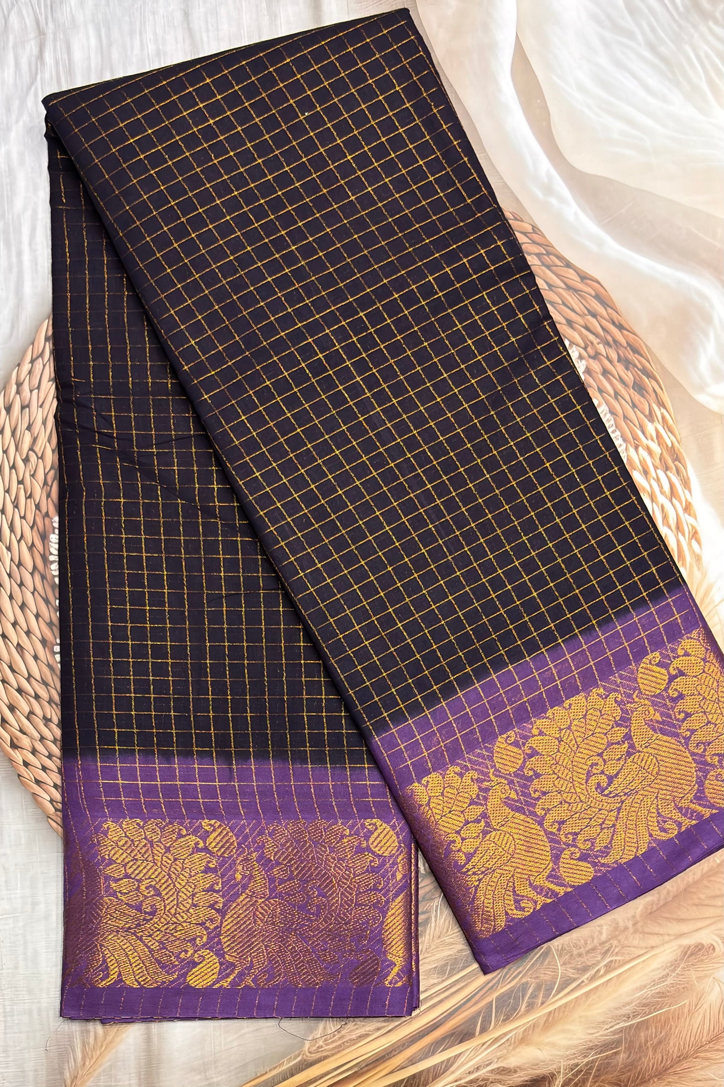 Sungudi Cotton Zari Checks | Navy Lavender | SC01
