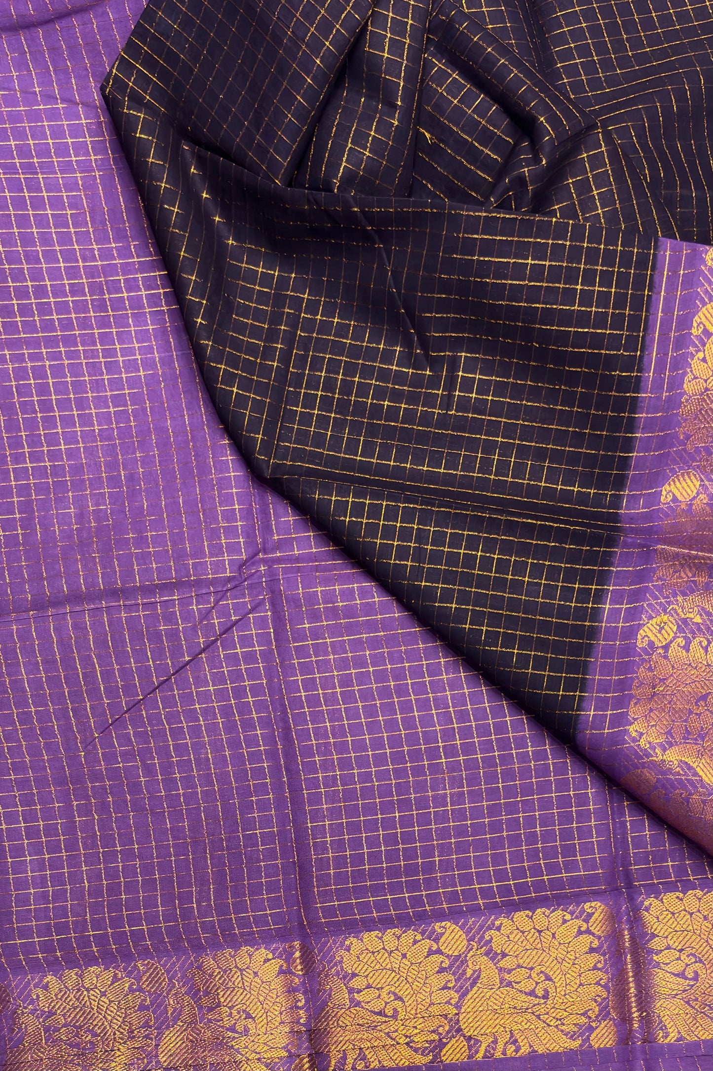 Sungudi Cotton Zari Checks | Navy Lavender | SC01