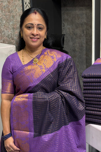 Sungudi Cotton Zari Checks | Navy Lavender | SC01