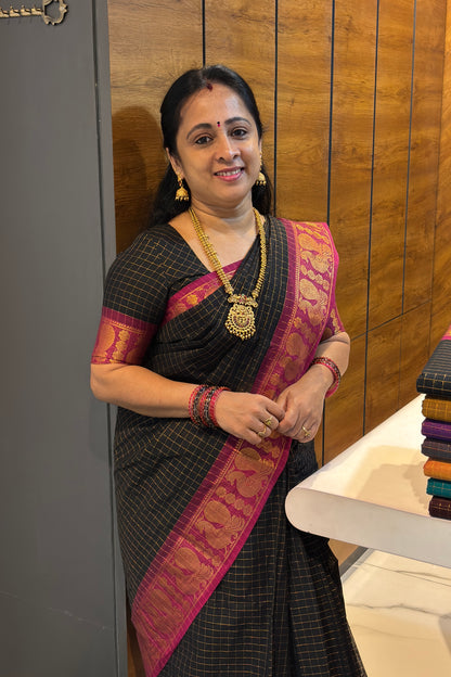 Meenakshi Premium Chettinad Cotton Saree – Zari Checks | Black With Majenta | MCK93