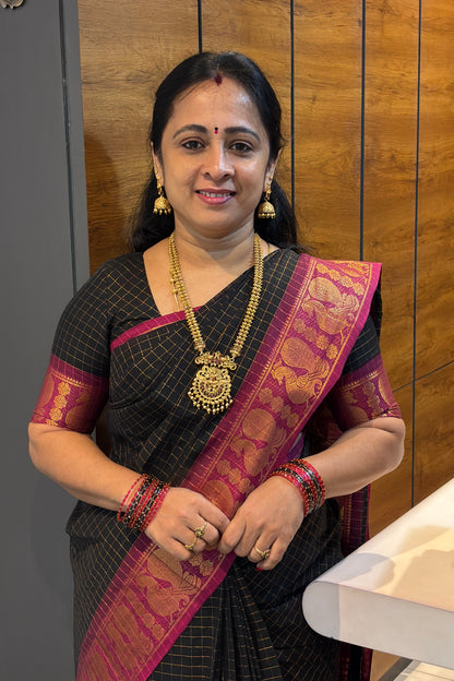 Meenakshi Premium Chettinad Cotton Saree – Zari Checks | Black With Majenta | MCK93