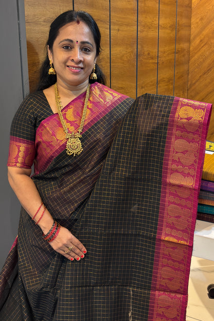 Meenakshi Premium Chettinad Cotton Saree – Zari Checks | Black With Majenta | MCK93