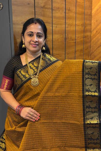 Meenakshi Premium Chettinad Cotton Saree – Zari Checks | Mustard With Black | MCK94