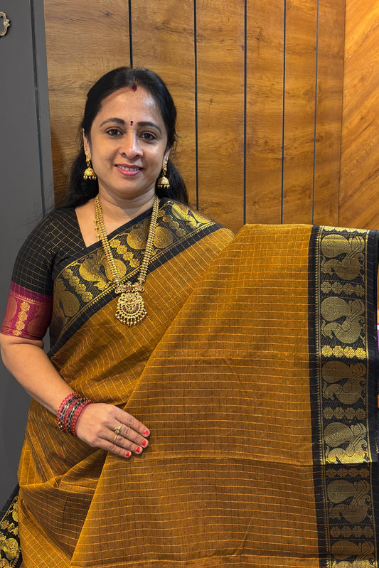 Meenakshi Premium Chettinad Cotton Saree – Zari Checks | Mustard With Black | MCK94