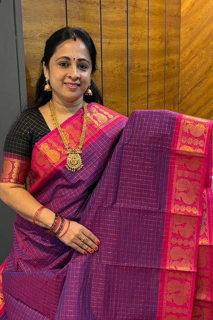 Meenakshi Premium Chettinad Cotton Saree – Zari Checks | Violet With Rose| MCK95