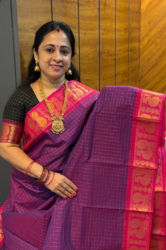Meenakshi Premium Chettinad Cotton Saree – Zari Checks | Violet With Rose| MCK95