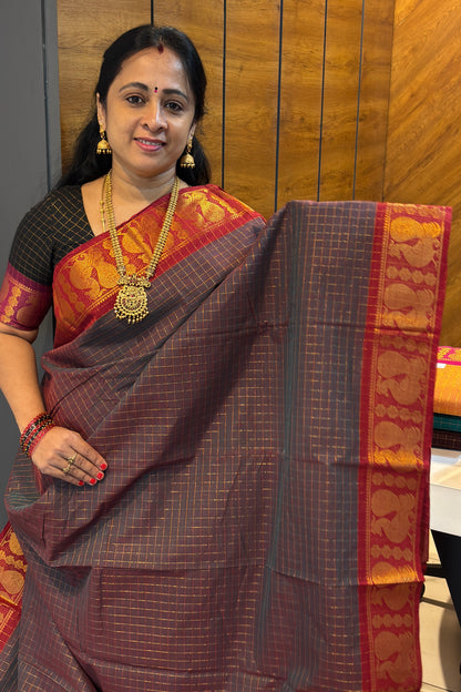 Meenakshi Premium Chettinad Cotton Saree – Zari Checks | Grey Dual Tone with Maroon| MCK96