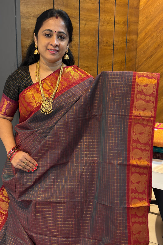 Meenakshi Premium Chettinad Cotton Saree – Zari Checks | Grey Dual Tone with Maroon| MCK96