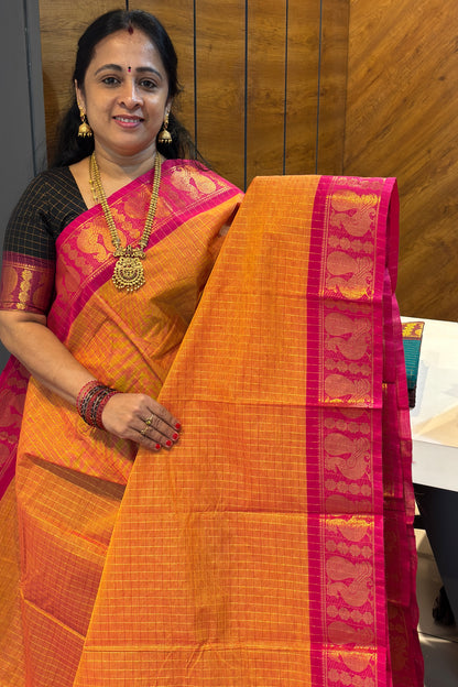 Meenakshi Premium Chettinad Cotton Saree – Zari Checks | Mango Yellow with Rose| MCK97