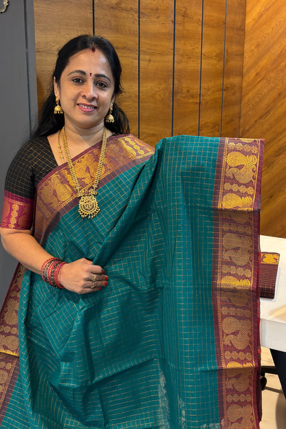 Meenakshi Premium Chettinad Cotton Saree – Zari Checks | Rama Green With Maroon| MCK98